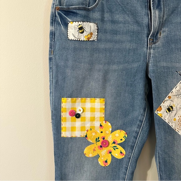 Old Navy up cycled mixed media Boho jeans with Bee Patches, 00AK Size 14, - Picture 2 of 9